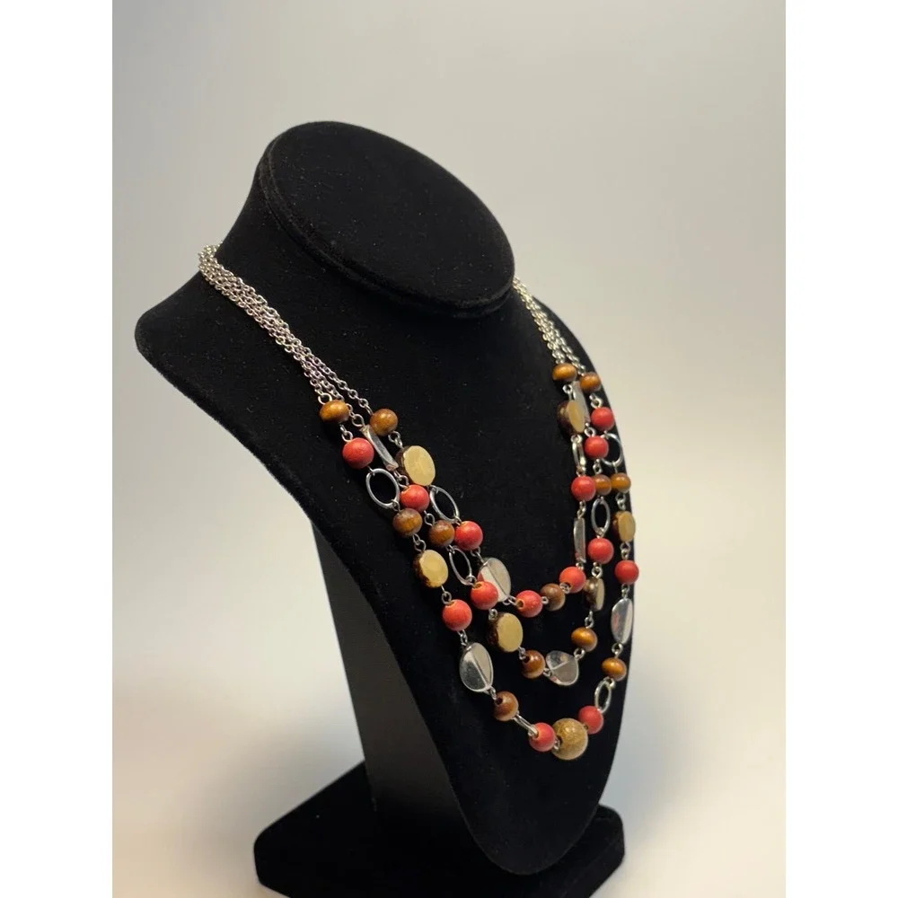 NY and Co‎ Layered Necklace Silver Red Brown Wood Bead Multi Strand Statement